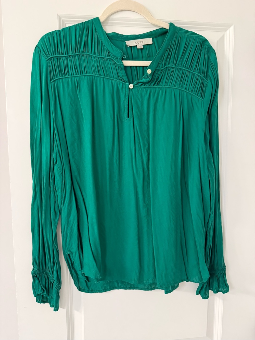 LOFT Teal Pleated Yoke Long Sleeve Blouse